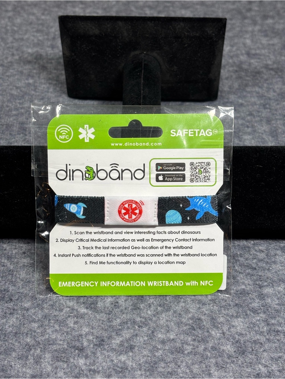 SAFETAG NFC Emergency Wristband - Black with Blue Dinosaur Pattern